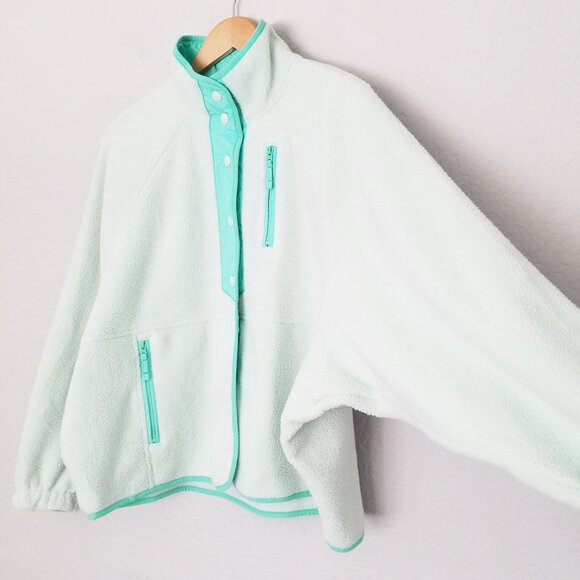 American Eagle Overesized Fleece Sherpa Snap Jacket Size M Mint Green Sea Foam - Picture 15 of 16